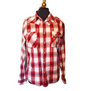 Xray Rock Western Plaid Button Up Shirt Red White Men Large